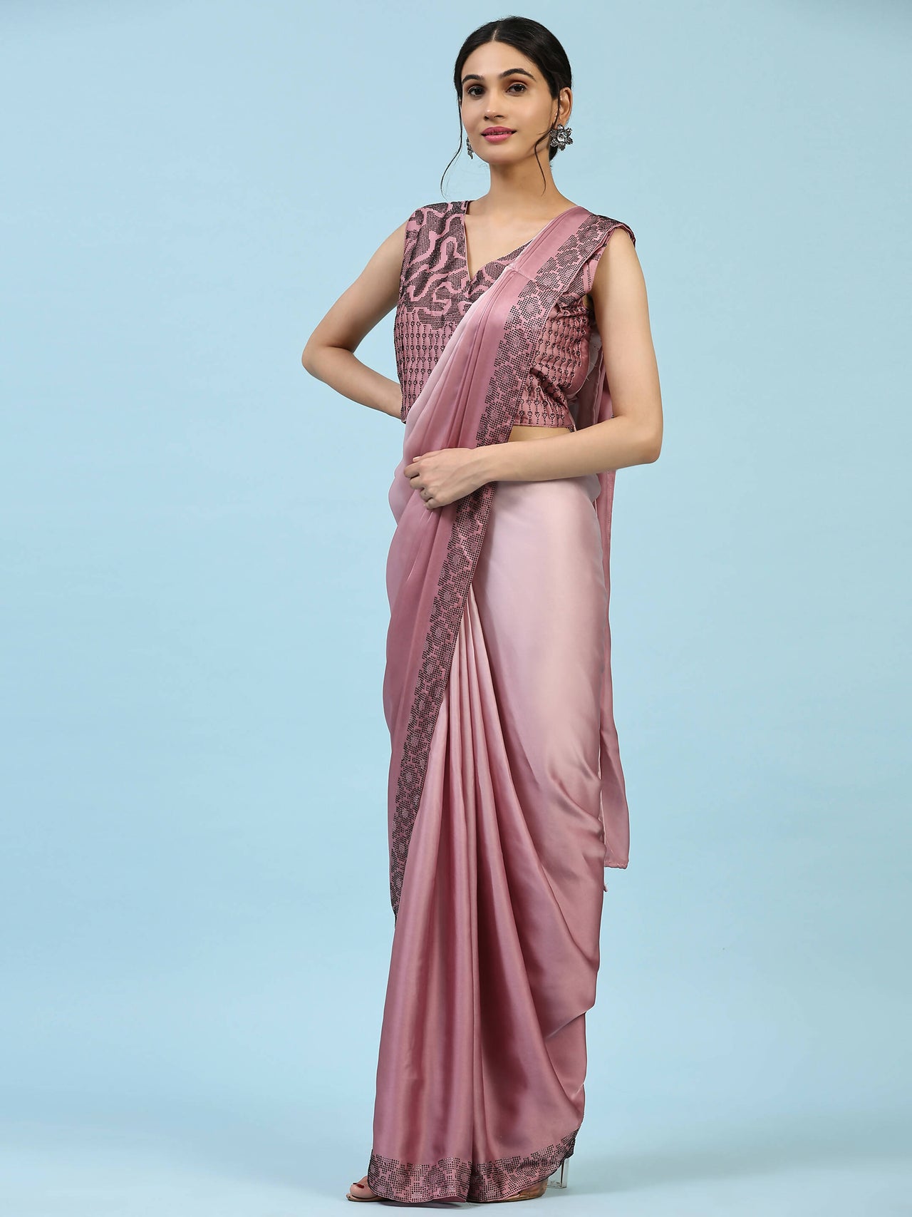 Purple Ombre Satin Georgette Plain Ready to wear Saree with stitched Blouse - Vrinda - Distacart