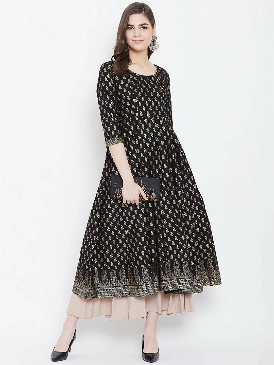 Cheera Embellished Daily Wear Cotton Blend Kurta - Black - Distacart