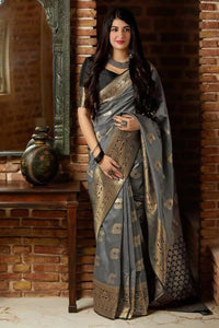 Thumbnail for DEIANA'S Beautiful Golden Jari with New Design Soft Lichi Silk Saree - Grey - Distacart