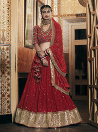 Thumbnail for Wedding Designer Sequene Zari Resham Embroidery Red Georgette Lahengha Choli - Anbazaar - Distacart