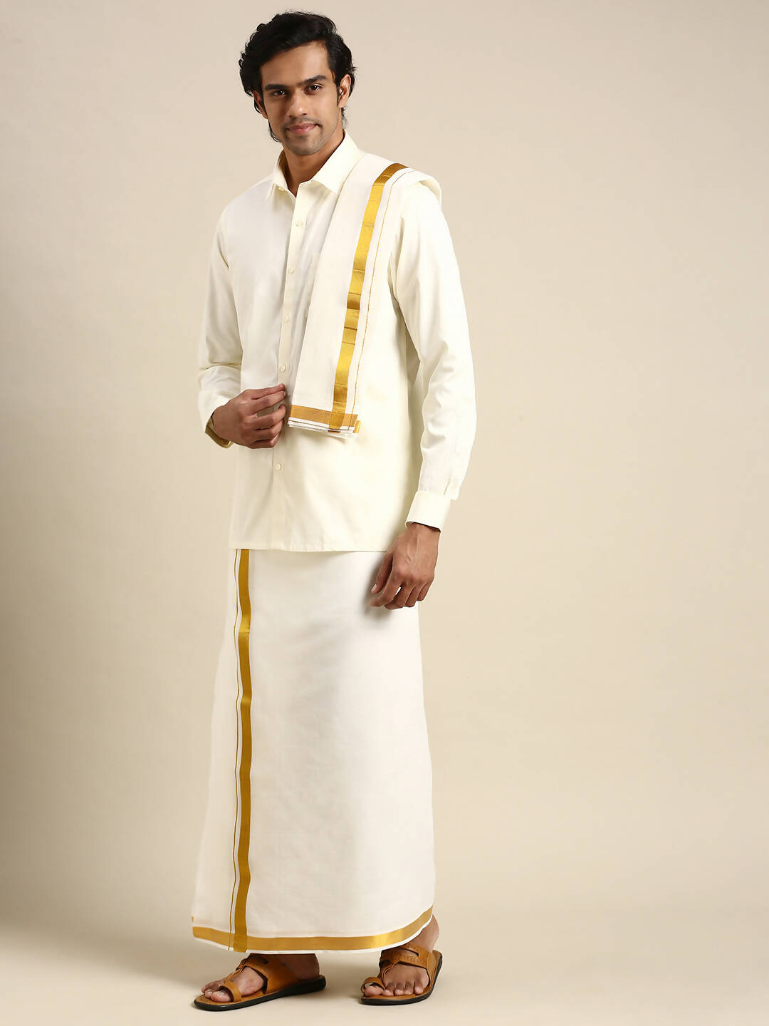 Ramraj Cotton Wedding Cream Zari Dhoti with shirt Bit & Towel Set Akshayam 50k - Distacart