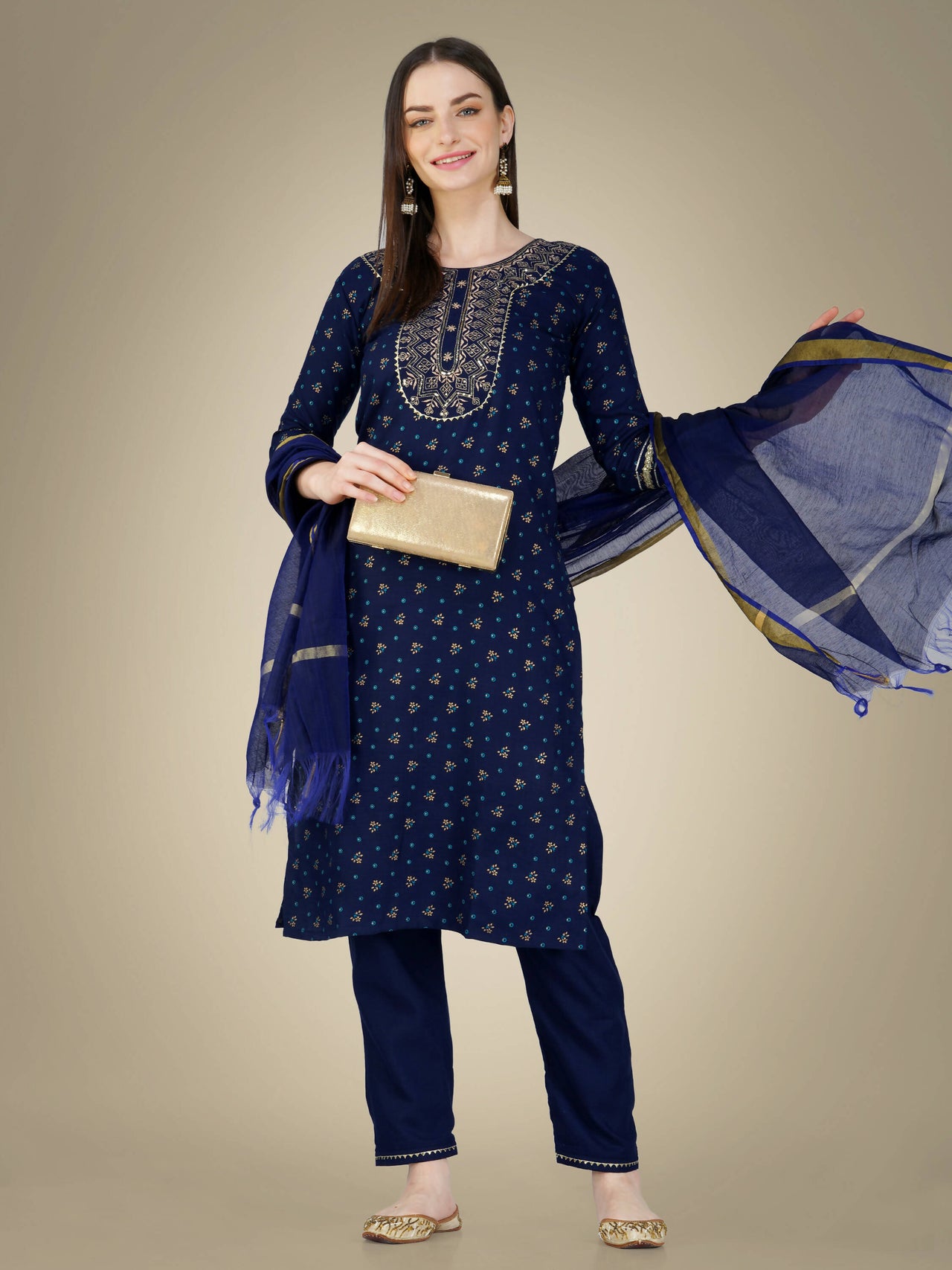 Aastha Fashion Women's Navy Blue Cotton Magic Slub Embroidery & Sequence Work Kurta with Trouser & Dupatta - Distacart