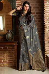 Thumbnail for DEIANA'S Beautiful Golden Jari with New Design Soft Lichi Silk Saree - Grey - Distacart