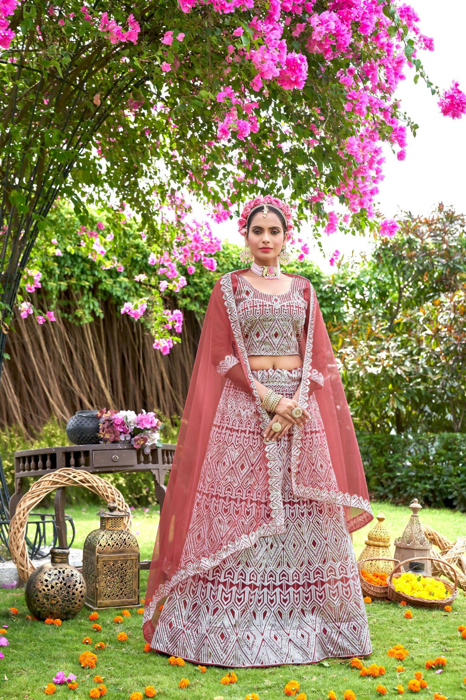 Wedding Wear Net Embroidered Semi Stitched Lehenga Online