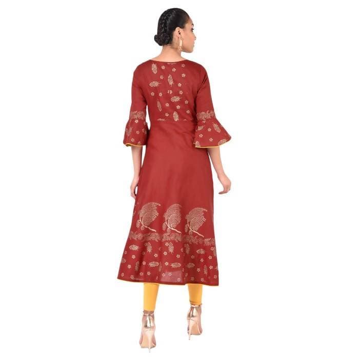 Aniyah Cotton Gold Print Flared Anarkali Kurta Maroon (AN-162K)