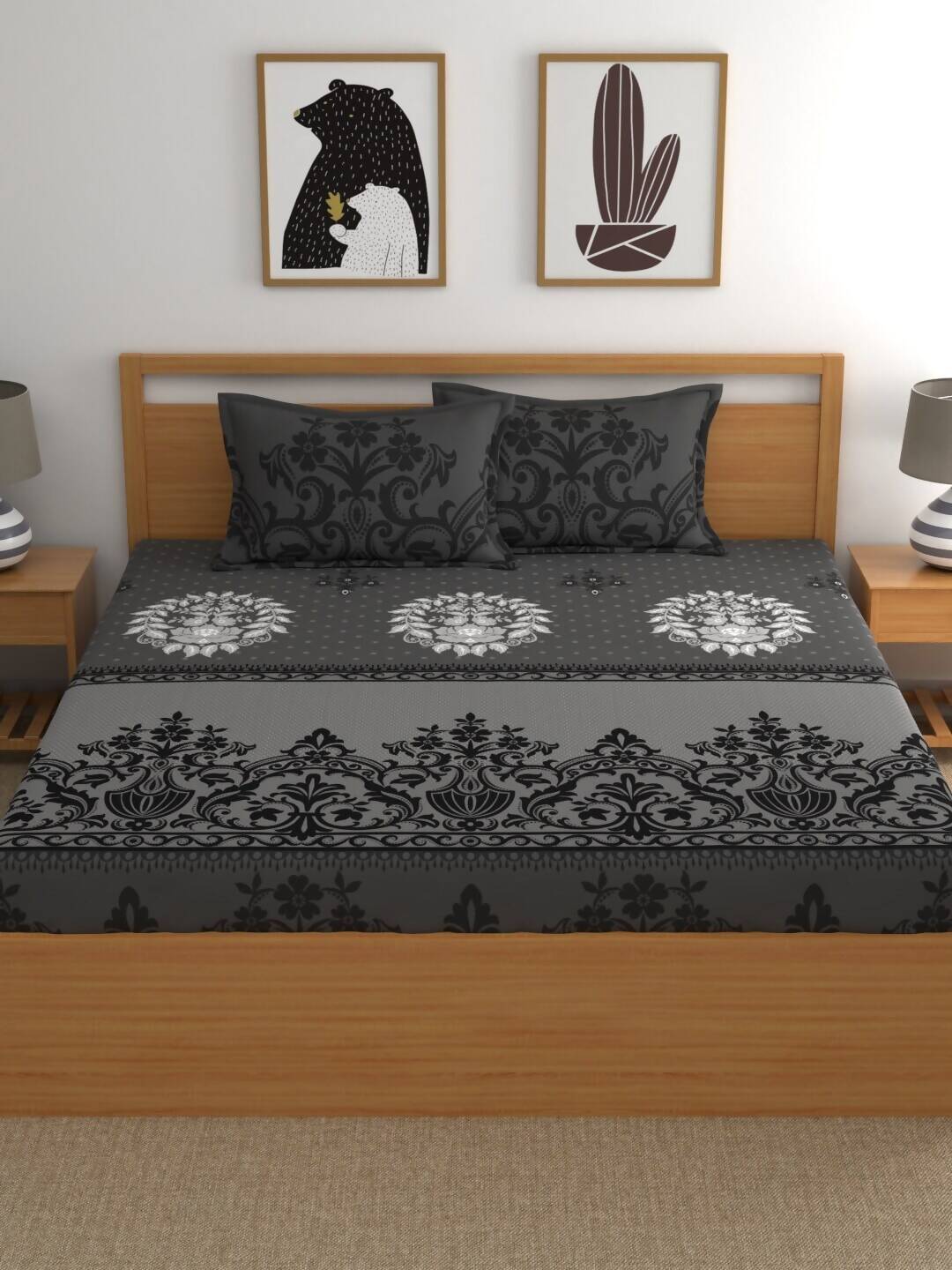 Dreamscape Grey & Black Ethnic Motifs 144 TC Bedsheet with Pillow Covers - Distacart