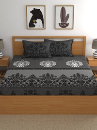Thumbnail for Dreamscape Grey & Black Ethnic Motifs 144 TC Bedsheet with Pillow Covers - Distacart