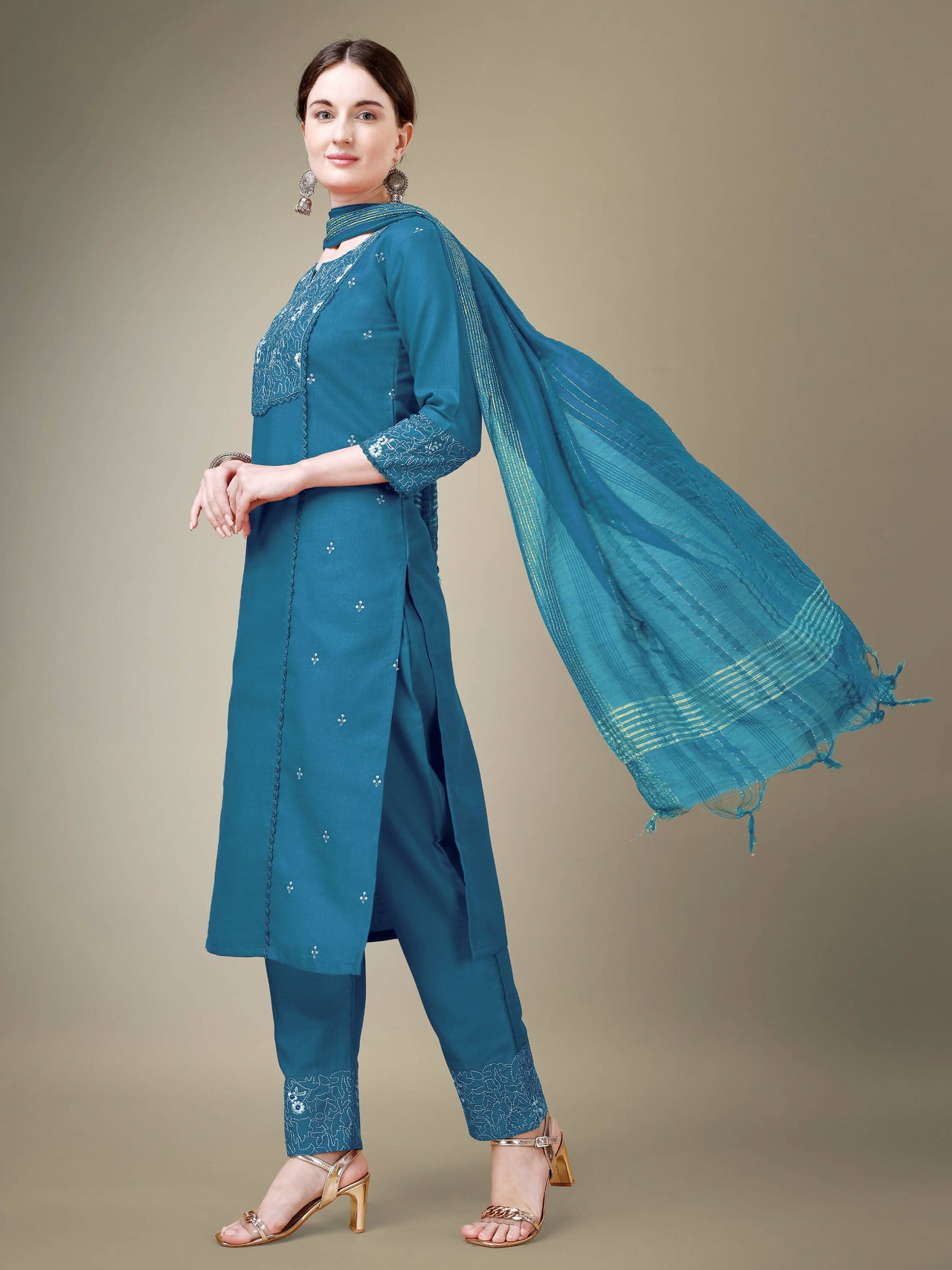 Aastha Fashion Women's Morpich Cotton Blend Embroidery & Fancy Lace Work Kurta with Trouser & Dupatta - Distacart