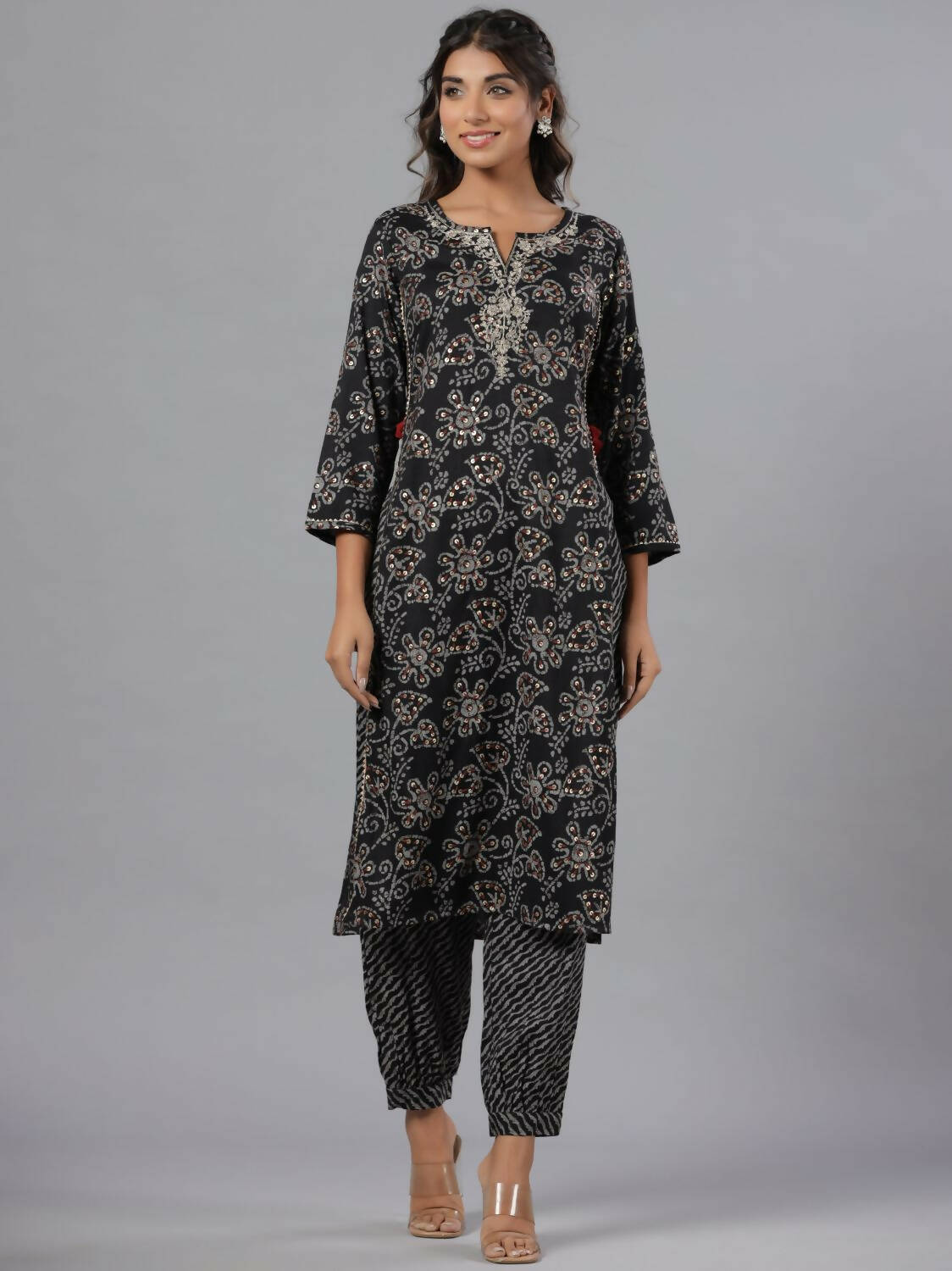 Juniper Women Black Rayon Slub Printed with Embroidered Kurta and Pants Set - Distacart