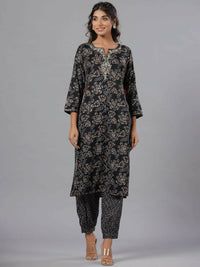 Thumbnail for Juniper Women Black Rayon Slub Printed with Embroidered Kurta and Pants Set - Distacart