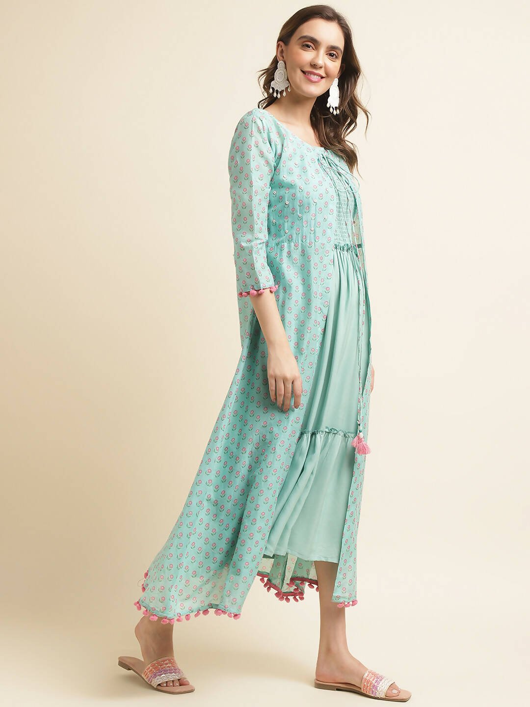 Sea Green Cotton Solid Flared Dress with Printed Shrug - Yukti - Distacart