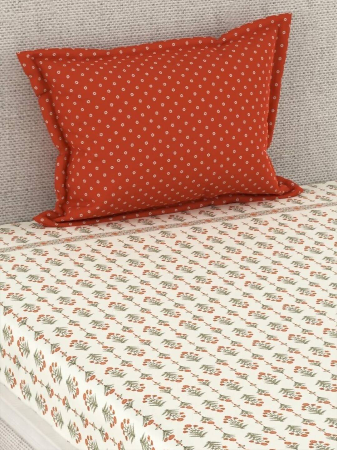 CHHAVI INDIA Cream-Coloured & Orange Floral Ultra Soft 210 TC Bedsheet with Pillow Covers - Distacart