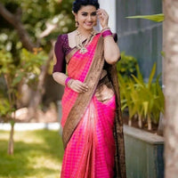 Thumbnail for DEIANA'S Beautiful Golden Jari with New Design Soft Lichi Silk Saree - Pink - Distacart