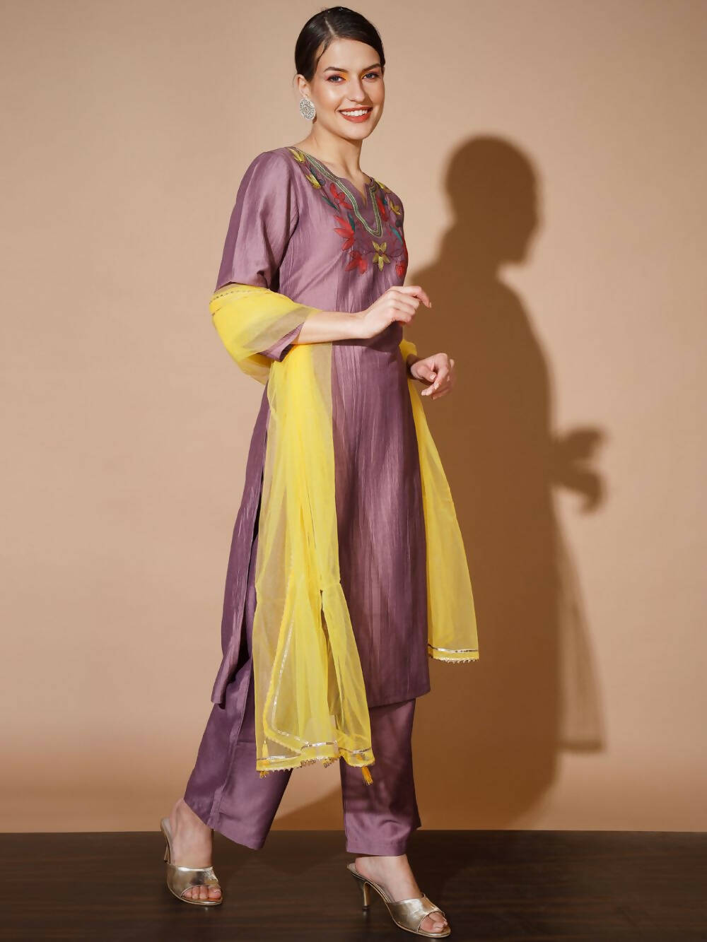 Myshka Mauve Solid Kurta & Palazzos With Dupatta - Distacart