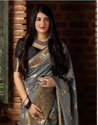 Thumbnail for DEIANA'S Beautiful Golden Jari with New Design Soft Lichi Silk Saree - Grey - Distacart