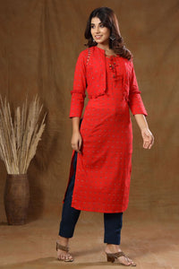 Thumbnail for Kaajh Red Printed Jacket Kurta Pant Set For Women - Distacart