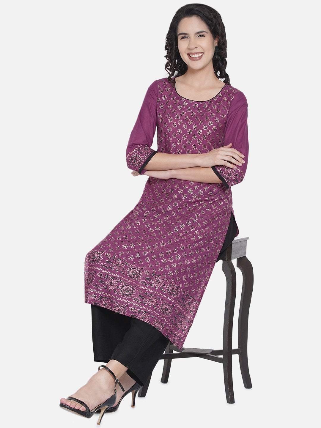 NOZ2TOZ Women's Mauve Ajrakh Hand Block Cotton Printed Straight Kurta - Distacart