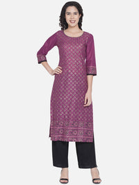 Thumbnail for NOZ2TOZ Women's Mauve Ajrakh Hand Block Cotton Printed Straight Kurta - Distacart