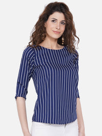 Thumbnail for Wahe-NOOR Women's Blue Striped Crepe Top - Distacart