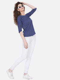 Thumbnail for Wahe-NOOR Women's Blue Striped Crepe Top - Distacart