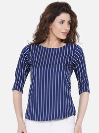 Thumbnail for Wahe-NOOR Women's Blue Striped Crepe Top - Distacart