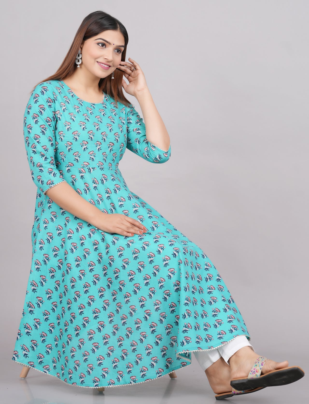House of RP Women Turquoise Cotton Floral Print Anarkali Kurta - Distacart