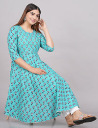 Thumbnail for House of RP Women Turquoise Cotton Floral Print Anarkali Kurta - Distacart