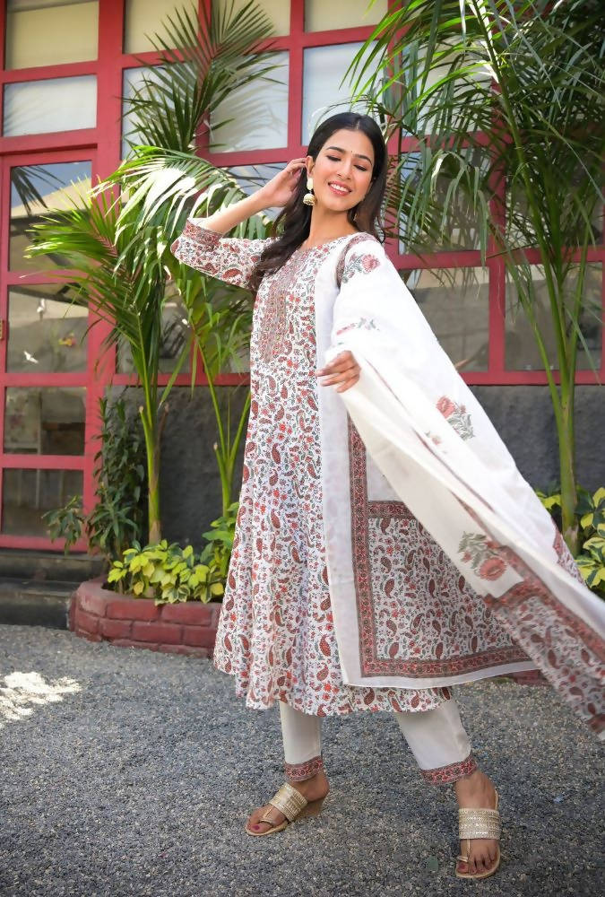 Yufta Women White Paisley Printed Regular Sequinned Pure Cotton Kurta with Palazzo & With Dupatta