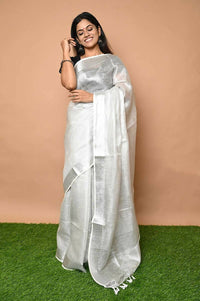 Thumbnail for Very Much Indian Pure Linen Saree With Sleek Border And Exclusive Design - White - Distacart