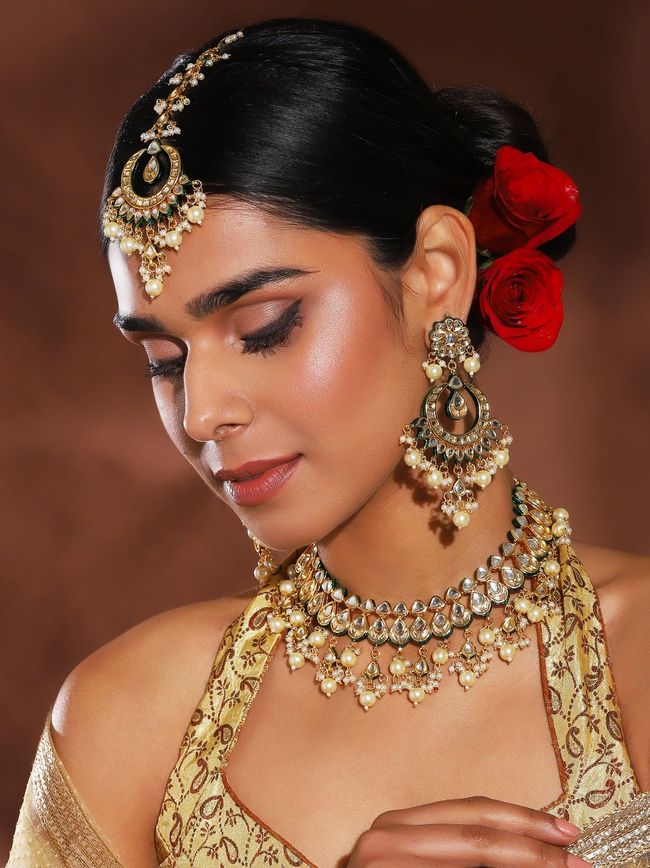 Gold-Plated Green Kundan-Studded Pearl Beaded Jewellery Set - Ruby Raang - Distacart