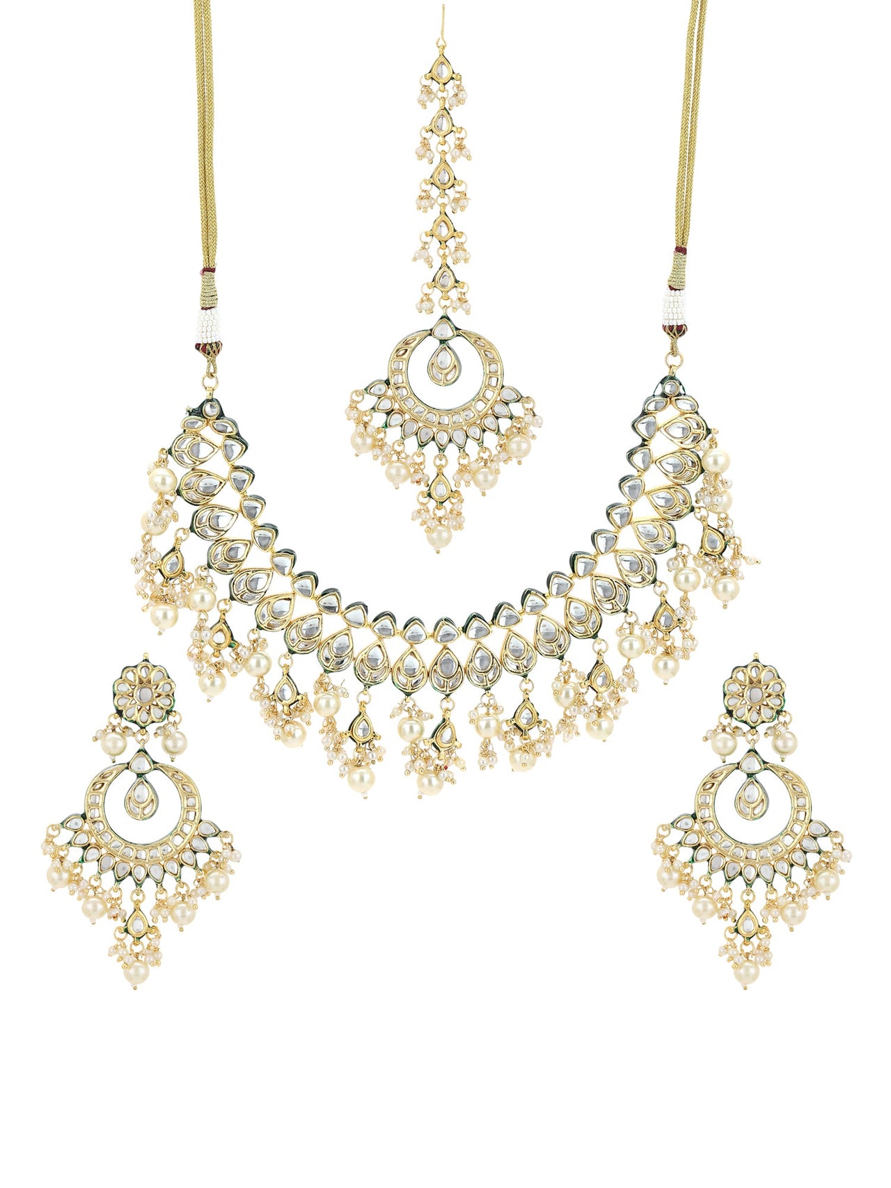 Gold-Plated Green Kundan-Studded Pearl Beaded Jewellery Set - Ruby Raang - Distacart