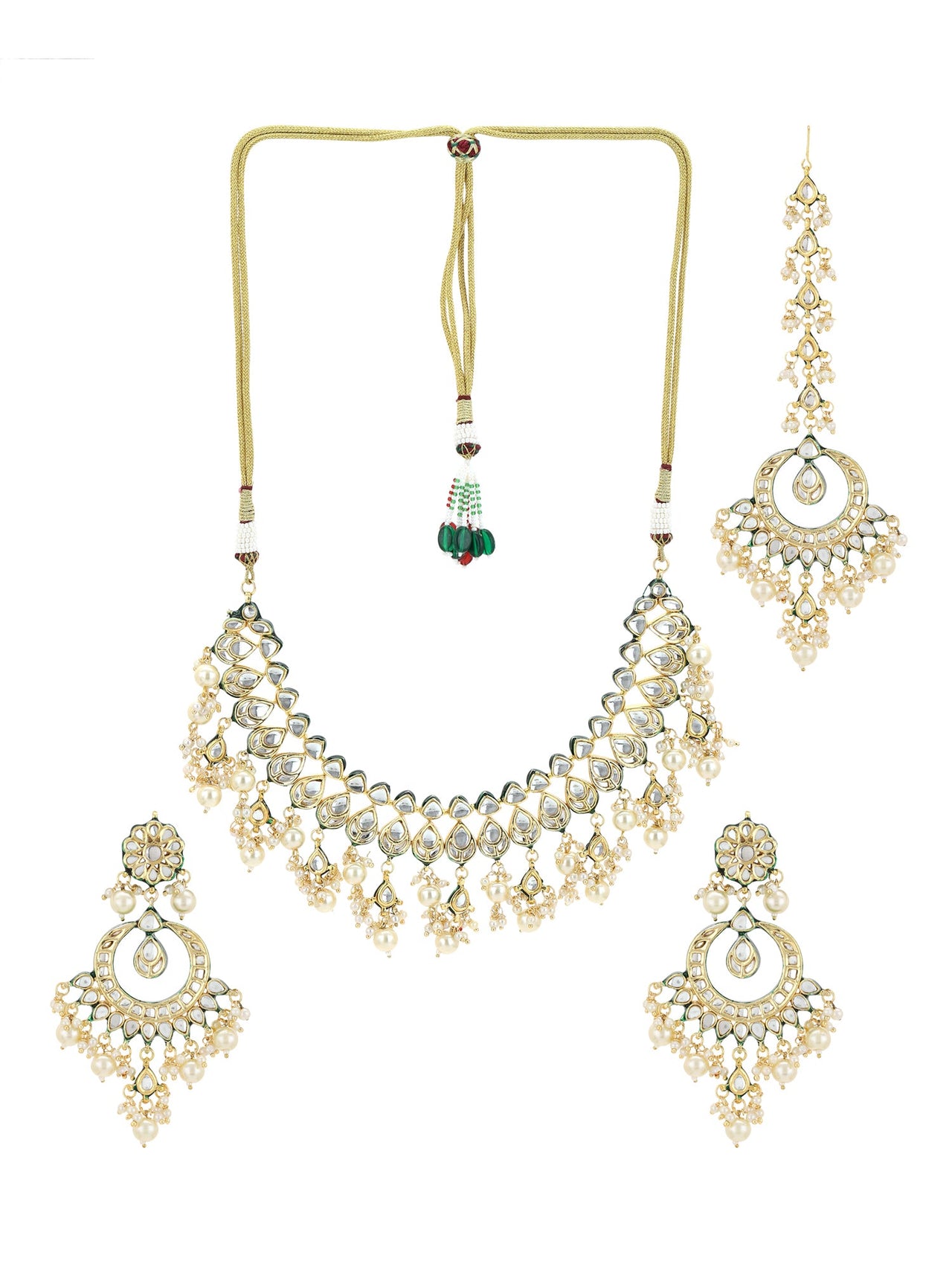 Gold-Plated Green Kundan-Studded Pearl Beaded Jewellery Set - Ruby Raang - Distacart