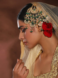 Thumbnail for Gold-Plated White Green Kundan-Studded Beaded Jhoomar Passa - Ruby Raang - Distacart