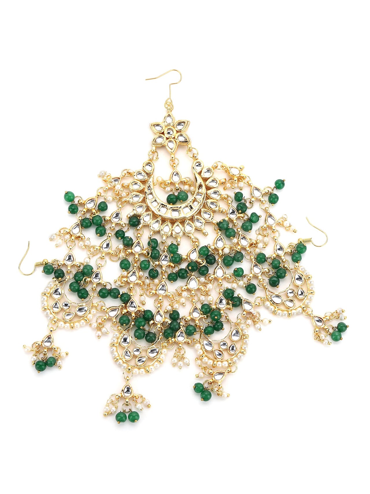 Gold-Plated White Green Kundan-Studded Beaded Jhoomar Passa - Ruby Raang - Distacart