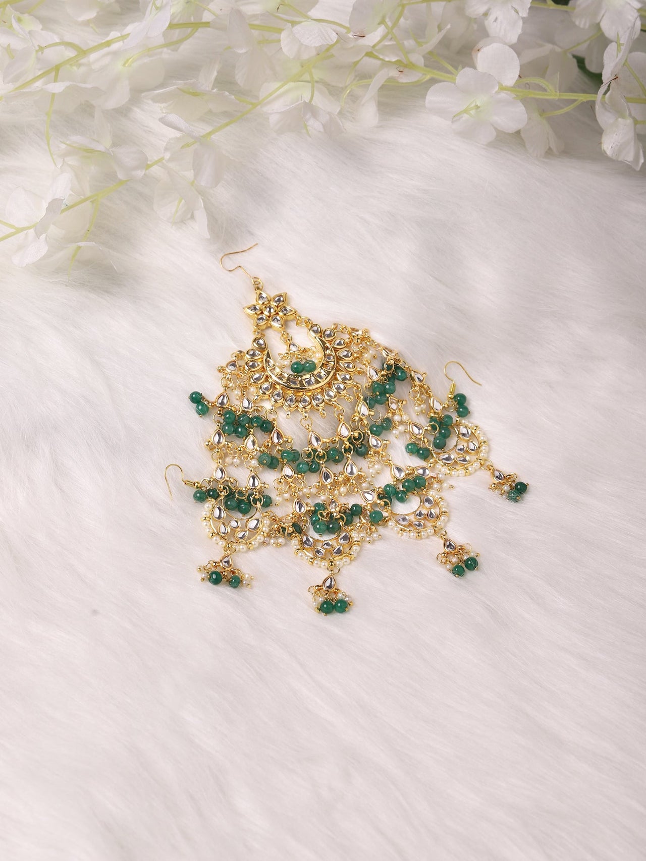 Gold-Plated White Green Kundan-Studded Beaded Jhoomar Passa - Ruby Raang - Distacart