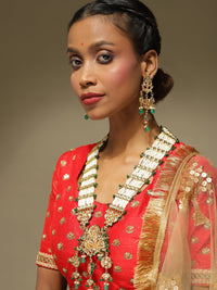 Thumbnail for Gold-Plated White Green Kundan Studded Handcrafted Jewellery Set - Ruby Raang - Distacart