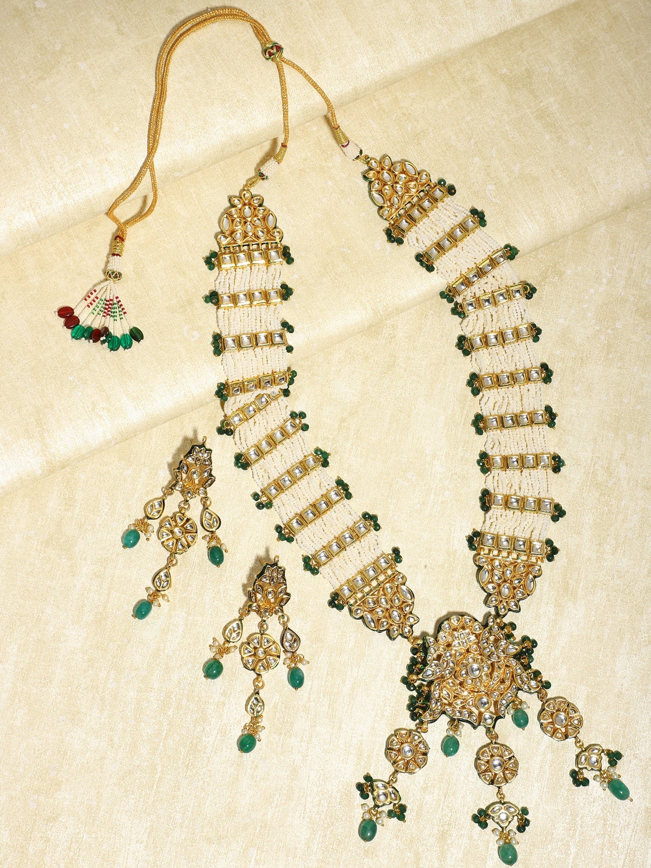 Gold-Plated White Green Kundan Studded Handcrafted Jewellery Set - Ruby Raang - Distacart