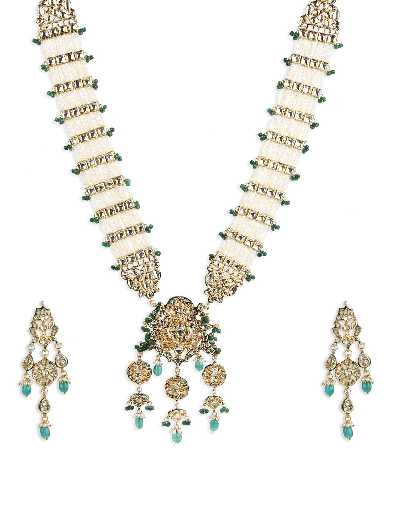 Gold-Plated White Green Kundan Studded Handcrafted Jewellery Set - Ruby Raang - Distacart