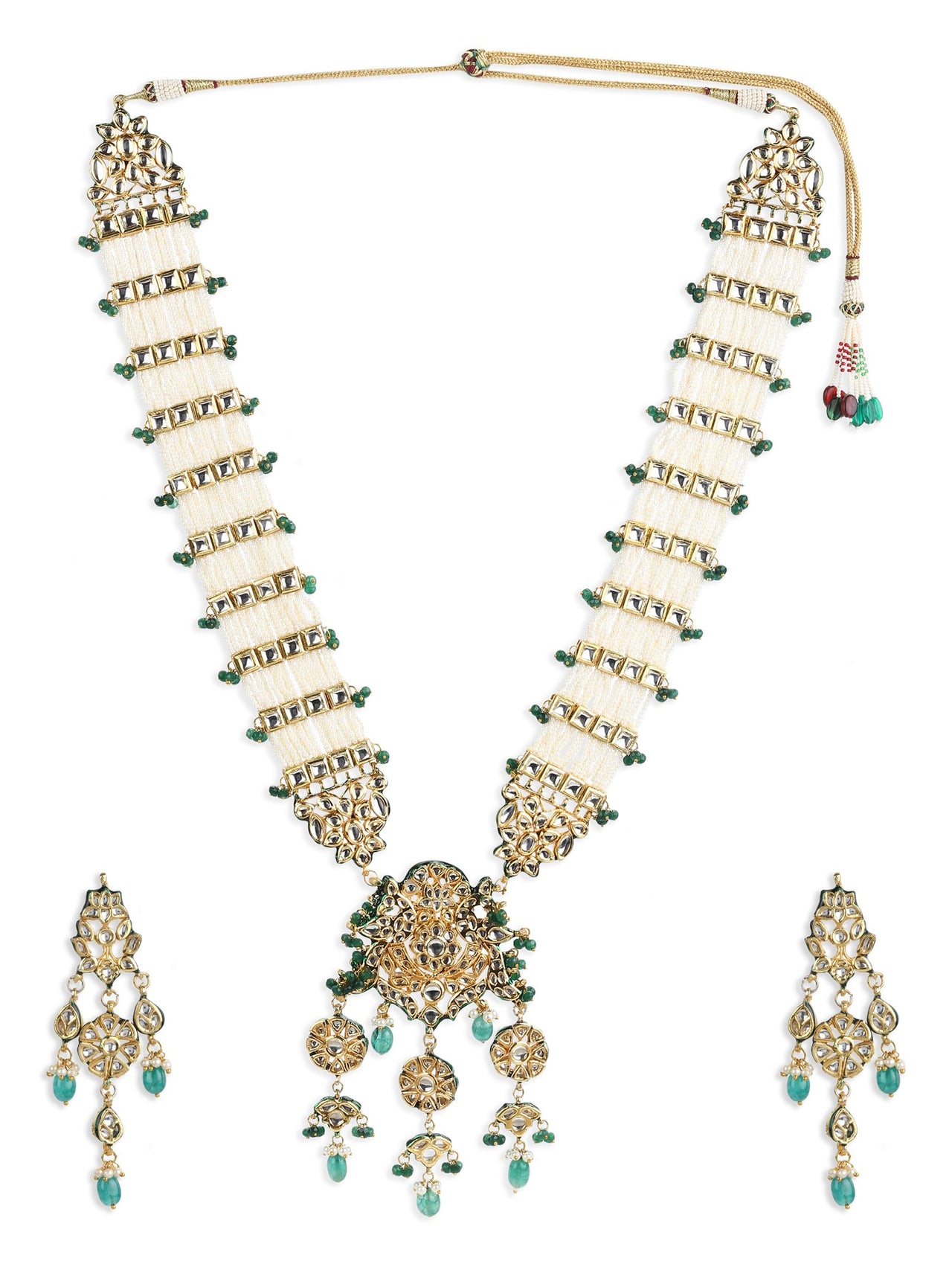 Gold-Plated White Green Kundan Studded Handcrafted Jewellery Set - Ruby Raang - Distacart