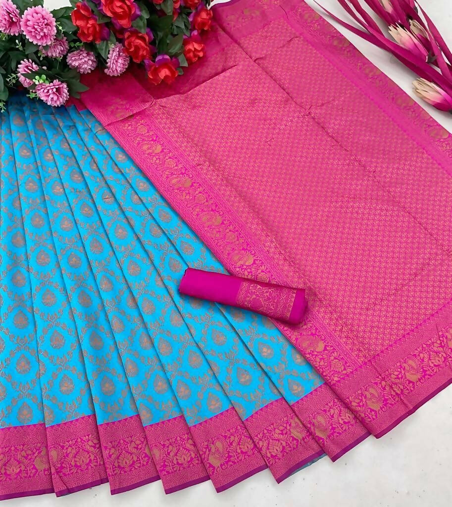 DEIANA'S Beautiful Golden Jari with New Design Soft Lichi Silk Saree - Blue - Distacart