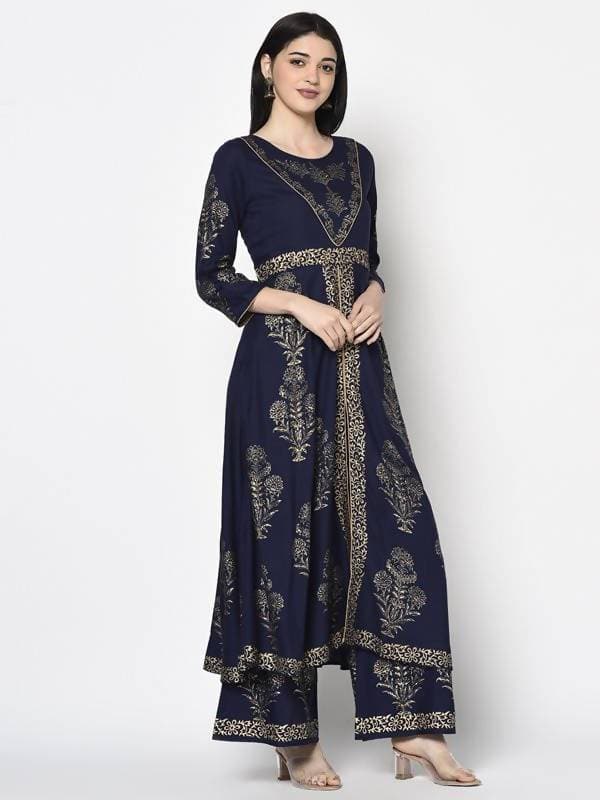 Aniyah Rayon Navy Blue Color Foil Print Anarkali Kurta (AN-192K)