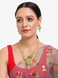 Thumbnail for Gold Plated Green White Kundan Studded Layered Jewellery Set - Ruby Raang - Distacart