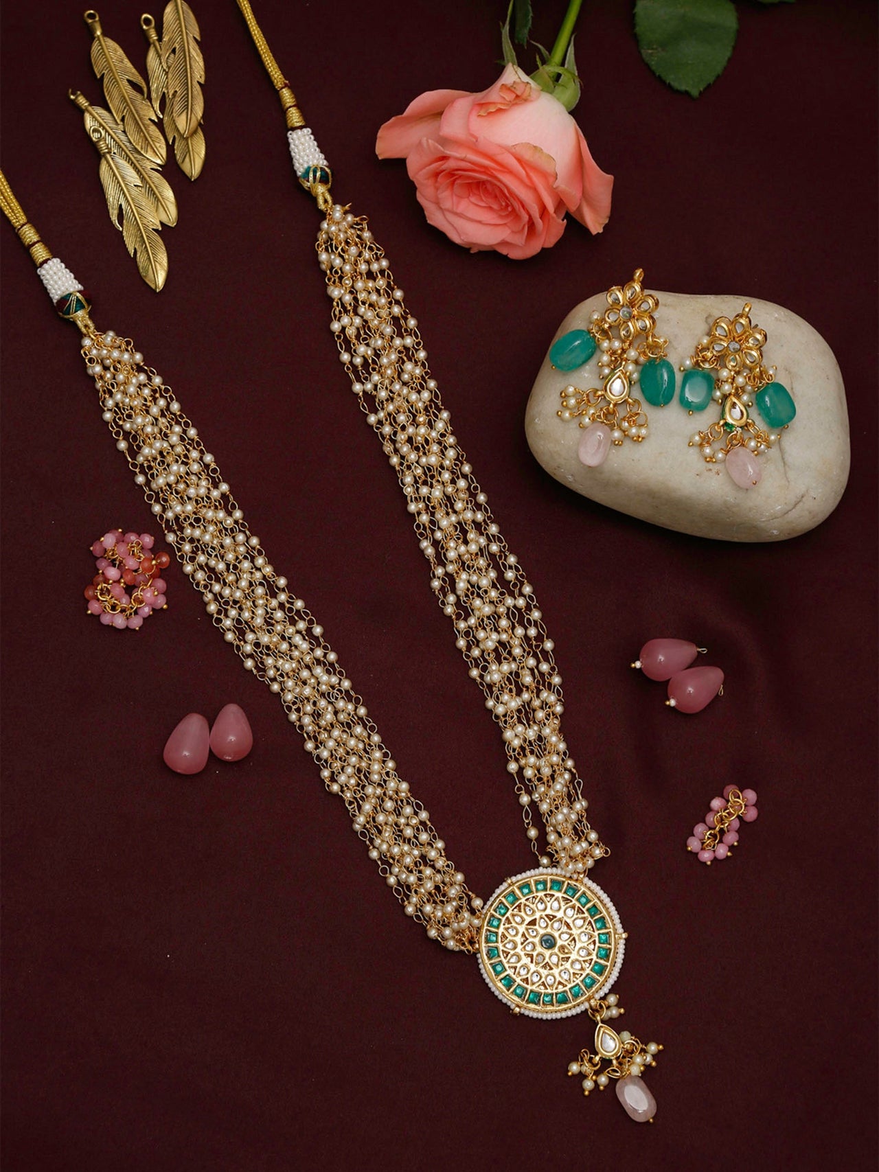 Gold Plated Green White Kundan Studded Layered Jewellery Set - Ruby Raang - Distacart