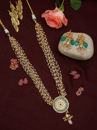 Thumbnail for Gold Plated Green White Kundan Studded Layered Jewellery Set - Ruby Raang - Distacart