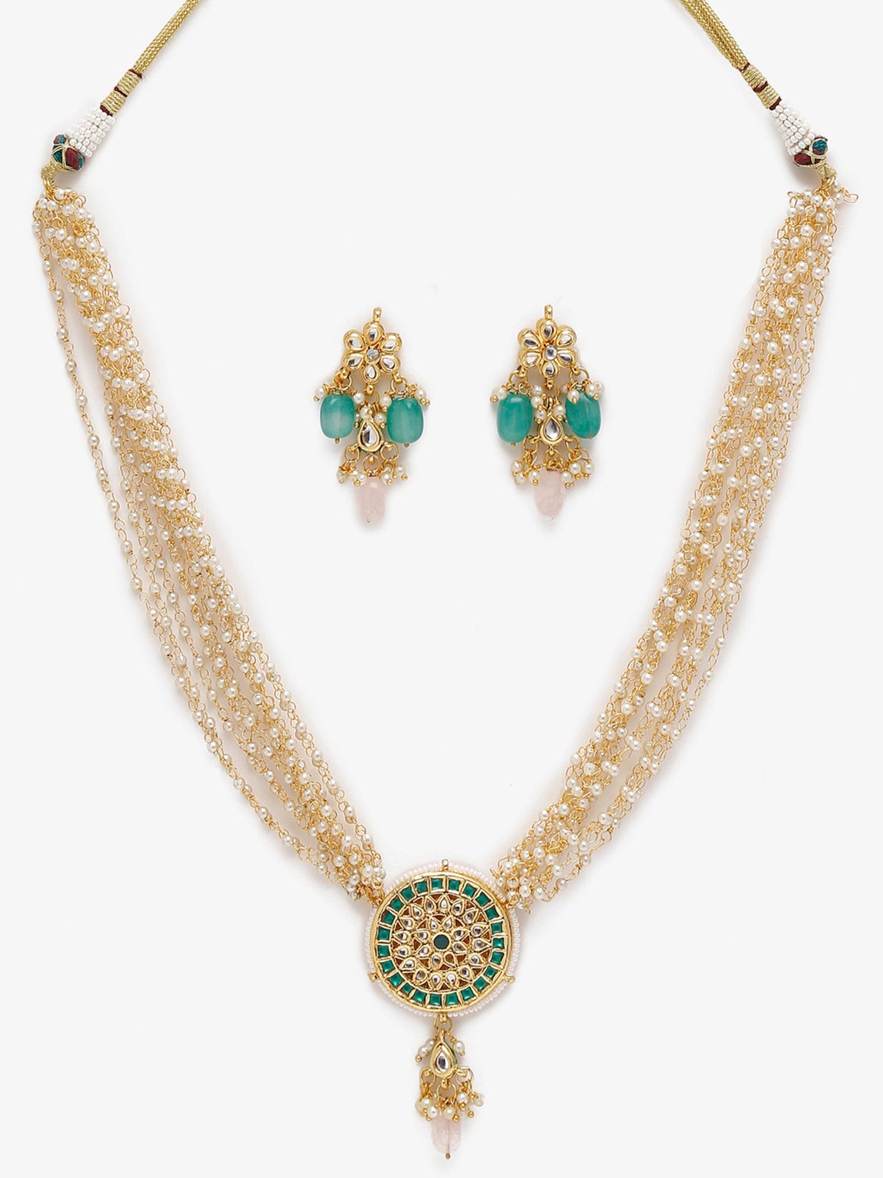 Gold Plated Green White Kundan Studded Layered Jewellery Set - Ruby Raang - Distacart