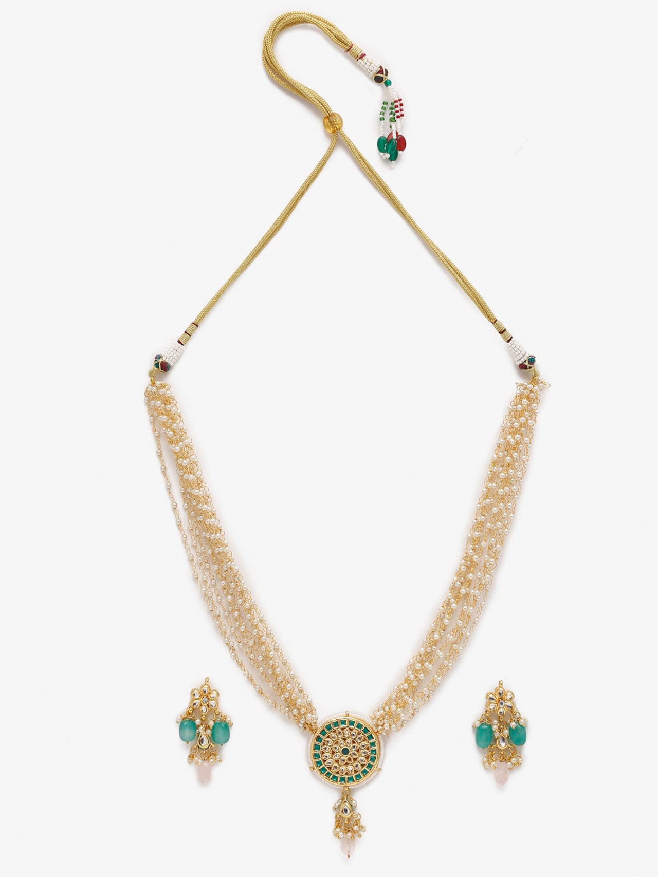 Gold Plated Green White Kundan Studded Layered Jewellery Set - Ruby Raang - Distacart