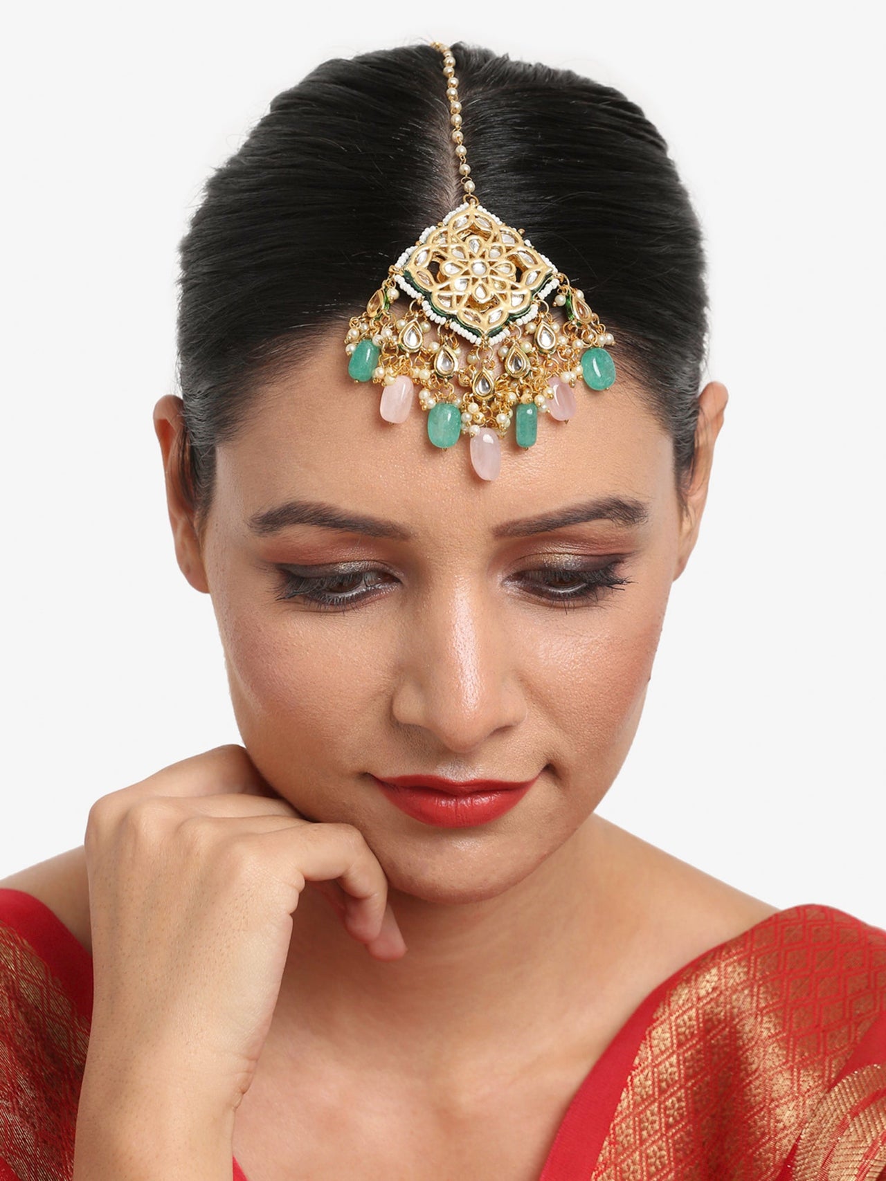 Multicoloured Gold Plated Kundan Maang Tikka - Ruby Raang - Distacart