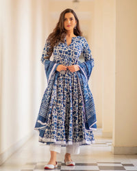 Thumbnail for Malishka Women's Blue Cotton Flared Floral Printed Salwar Suit Set - Blue - Distacart