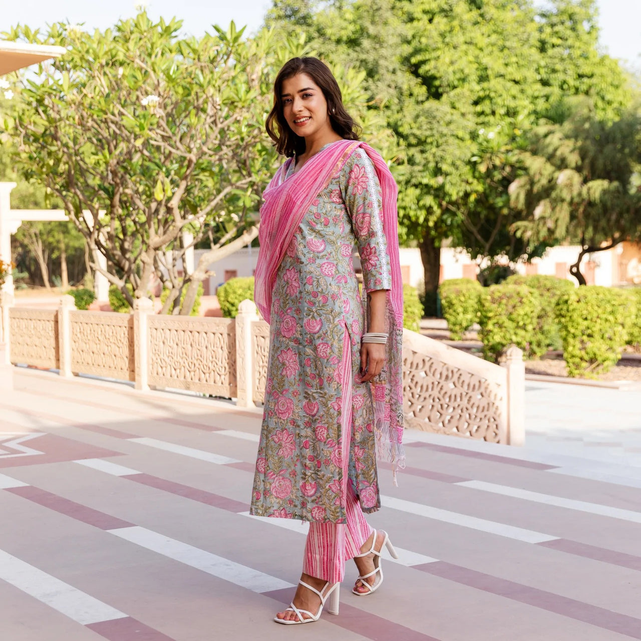 Malishka Womens Pink Cotton Floral Printed Kurta and Pant Set with Dupatta - Pink - Distacart