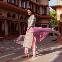 Thumbnail for Malishka Womens Pink Cotton Floral Printed Kurta and Pant Set with Dupatta - Pink - Distacart